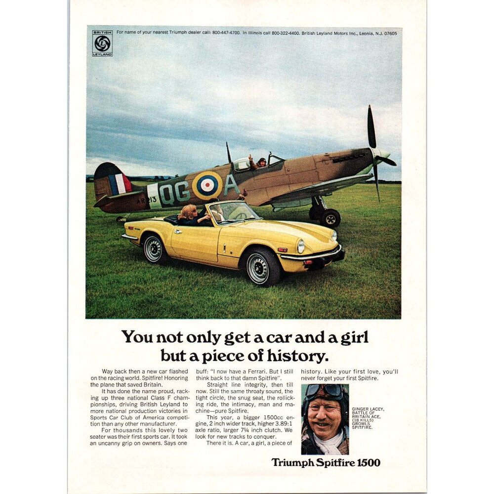 1973 Triumph Spitfire Convertible Vintage Print Ad Royal Air Force Plane Art